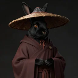 black humanlike anthropomorphic jackrabbit harengon, wearing monk robes and a large wide brimmed hat, dark foreground, 4 k digital art