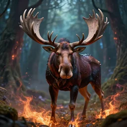 5 5 mm portrait photo of an armored demonic burning moose with red eyes antlers and looking at the camera, in a magical forest. magical atmosphere. art by greg rutkowski and luis royo. highly detailed 8 k. intricate. lifelike. soft light. nikon d 8 5 0.