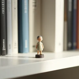 a macro photograph of a tiny surrealist sculpture on a bookshelf in the morning sunlight