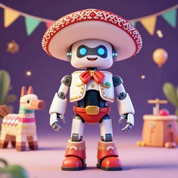 a mexican robot wearing mexican clothes in a mexican party with pinatas, smiling, digital illustration, amazing detail, ray tracing, symmetric, 3 d model