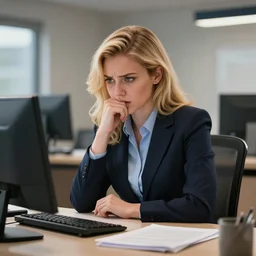 epic professional digital art of a heroic but flustered attractive admin assistant with blonde hair and professional business outfit sitting at her desk, best on artstation, cgsociety, wlop, Behance, pixiv, astonishing, impressive, outstanding, epic, cinematic, stunning, gorgeous, much detail, much wow,, masterpiece by Gil Elvgren and Dorian Cleavanger.
