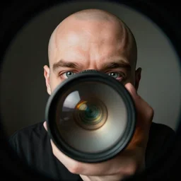a bald man looking into a fisheye lens