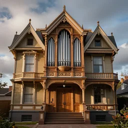 richly decorated Victorian house with a tracker pipe organ, modern, beautiful, detailed wood, photorealistic, photorealism, lightning, clouds, smoke, the autumn light comes in through a window, diffuse light, vivid cybernetics