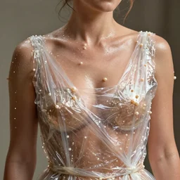 nathalie portman wearing a risque outfit made from cling film, half body portrait, greg kutkowski, sharp details, soft lighting, subsurface scattering, pearls of sweat, glistening skin, warm lighting