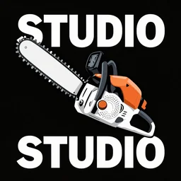 propaganda poster for a studio with a chainsaw, black and white, black paper, street printed poster, vector art, illustration,