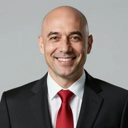a bald man wearing a black suit with a red tie smiling and looking at the camera ( greatly detailed, still frame shot, photo realistic, high quality photo, hyperrealistic and uhd )