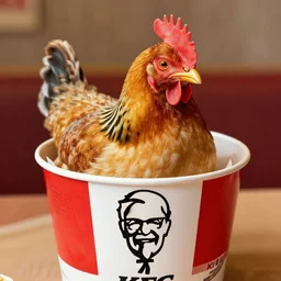 a living chicken animal in a kfc bucket, photorealistic, hyper detailed, 8 k resolution