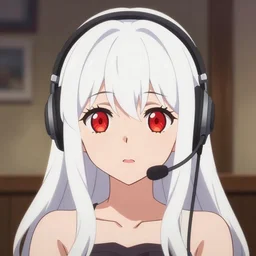 anime key visual portrait of a cute girl, with red eyes!!!! and long white hair!!!! wearing a headset in her room interior, anime art by ilya kuvshinov, kyoani, katsuhiro otomo, headshot, ambient lighting, cinematic still, flat