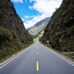highly detailed photo of road going between two mountains, photo realistic, very sharp focus, wide angle shot, vibrant colors