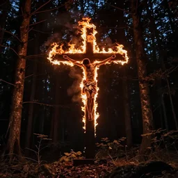 robert lewandowski in front of a burning christian cross, night, forest, dark, black