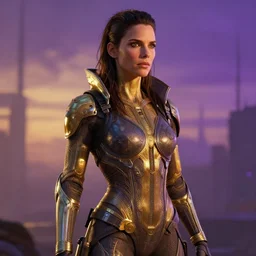 sandra bullock as cyberpunk xenohunter, atmospheric lighting, painted, intricate, golden and purple hour, ultra detailed by peter gric, giger, enki bilal