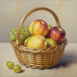 fruits in a basket, oil painting, detailed