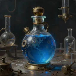 a painting of a steampunk blue potion bottle in a dark dusty vintage science lab, by h. r. giger, hyperrealistic fantasy art, concept matte, ethereal, dreamy, digital art, trending on artstation, volumetric cinematic lighting