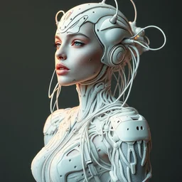 cell shaded portrait of futuristic lady supermodel, extremely detailed, by iris van herpen, inflateble shapes, rent gucci dress, wires, tubes, veins, white biomechanical details, epic bionic fabric, masterpiece, intricate, biopunk, vogue, highly detailed, artstation, concept art, cyberpunk, octane render, cell shading