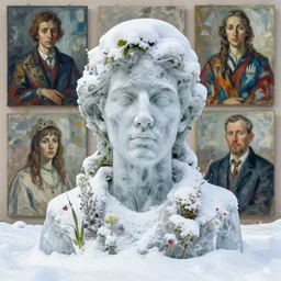 a full body sculpture portrait made of snow and ice and flower and plants, painting part by wojciech siudmak, part by ilya repin, part by max ernst, part by norman rockwell, artstation
