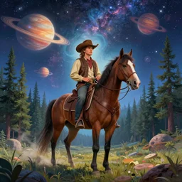 psychedelic, trippy, cowboy, horse, pine forest, planets, milky way, cartoon by rob gonsalves