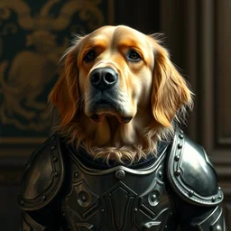 portrait of a golden retriever wearing armour in victorian london, 8 k