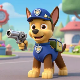 chase from paw patrol holding a gun