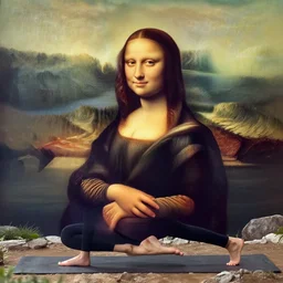a young woman wearing workout clothes is doing yoga outdoors in the mountains!!, looks like mona lisa, sharp focus, hyper realistic, centered, extremely detailed, wide shot!, a painting by leonardo da vinci