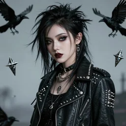 beautiful fantasy character portrait, of a young woman, wearing a emo outfit, leather jacket, silver studs, punk hair, ultra realistic, dramatic lighting, the crow artifacts,