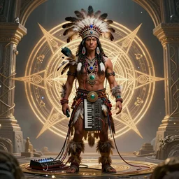 a photo of a mystical tribal shaman adorned with feathers and gemstones and cables and synthesizer parts is surrounded by sacred geometry made from elven architecture, full body, gorgeous, perfect face, powerful, cinematic, beautifully lit, by artgerm, by karol bak, 3 d, trending on artstation, octane render, 8 k