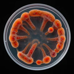 symmetry!! centered section petri dish photo of an eldritch circular squishy orange and red bacteria, strings of mucus in the interior, microscopic photo, dark black background, fluids, award winning photo
