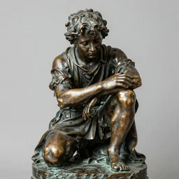 high resolution photograph of a bronze cast sculpture of a sad peasant boy in the style of carl spitzweg