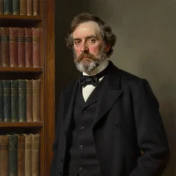 portrait of a middle aged victorian gentleman wearing a dark suit, standing beside a bookcase, detailed face, 1 9 th century, highly detailed, cinematic lighting, digital art painting by greg rutkowski