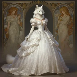 full body photography of a female anthropomorphic albino wolf fursona. ball gown, deep focus, d & d, fantasy, intricate, elegant, highly detailed, digital painting, artstation, concept art, matte, sharp focus, illustration, hearthstone, art by artgerm and greg rutkowski and alphonse mucha