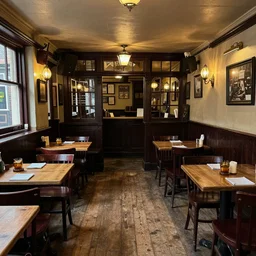 interior of a cosy pub in england, tables, wooden floor, victorian style