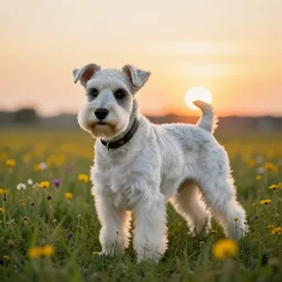 white Schnauzer in a field full of flowers, with a sunset, photo realistic