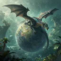 intergalactic dragon on a planet, rain forest, by thomas kinkaid, no man's sky screenshot