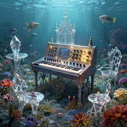 a centered render of intricate modular synthesizer of cenacolo vinciano, shining its light across a tumultuous sea of flowers, undersea animals, gothic crystal tables and chairs by dorothea tanning and salvador dali, trending on artstation, cyber punk, soft color, unreal engine, high detailed, 8 k