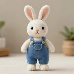 a cute elegant felt plush doll of a rabbit wearing dungarees
