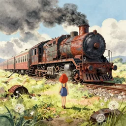 wholesome animation key shot, redhead alone explore an abandoned train yard, rust, schwerer gustav!!!!, studio ghibli, pixar and disney animation, sharp, disney concept art watercolor illustration by mandy jurgens and alphonse mucha and alena aenami, pastel color palette, dandelion seeds, bloom!!! dramatic lighting