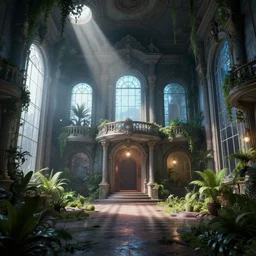 vaporwave mansion, liminal space, high detail, rendered in unreal engine, 3d render, god rays, volumetric lighting, large windows, baroque, vegetation