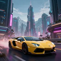 epic professional digital art by john norton of photorealistic synthwave lamborghini driving through neon cyberpunk futuristic city towers, mountains in background, intricate, detailed, unreal engine 6, maya render