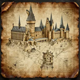 concept art from harry potter movies, schematic map of hogwarts rooms, with names, mischief managed, marauders map, ink painting on realistic ripped leather, octane render, 8 k
