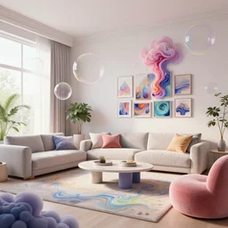 an insanely intricate photo of a modern living room full of insane detailed colorfull smoke, clean architecture, pictures in the wall, flying soap boubles, pastel colored, intricate detailed 3 d render, hyper realistic intricate acrilic fluid art, intense colors, wide shot, octane render, concept art, daylight, peaceful, 8 k