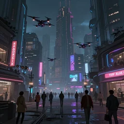 matte painting environment design of dystopian cyberpunk city with neon lights, people on the streets being monitored by drones, trending on artstation, painted by dreadjim, eddie mendoza, james paick, zeen chin, 4k, octane render