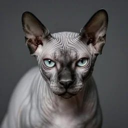 photographic portrait of a wrinkly sad max ernst hairless cat, editorial