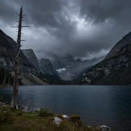 landscape photography storm, lake, jagged mountains in background, dead trees