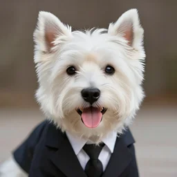 a high detail shot of a west highland white terrier wearing a suit, smiling, tongue out,  realism, 8k