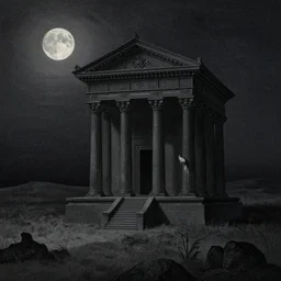 an ancient temple, a moonlit steppe, ((in the style of shadow of the colossus)), by tyler edlin, by gustave dore, ossuary, matte painting