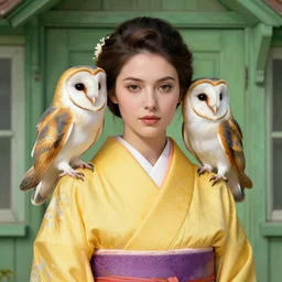 photo portrait of a ( ( ( ( beautiful woman ) ) ) ), wearing a yellow kimono!!, very detailed barn owl on her shoulder. in a old green house. elegant, highly detailed, digital painting, artstation, symmetry, smooth, sharp focus, illustration, art by artgerm and rutkowski and mucha by theodore ralli and nasreddine d