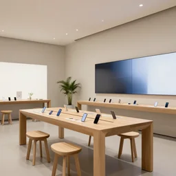 (2050s Microsoft minimalist zen japandi retail interior. Mobile phones. large oak tables, empty stools, fragrant plants, large digital screens) muted palette, architectural photography, wide shot, retaildesignblog.net, 14mm