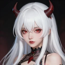 semi realistic anime demon girl with white hair illustration