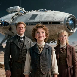 extra sharp, detailed, frame from a blockbuster sci fi 8 k color movie, set in 1 8 6 0, family standing in front of a crashed spaceship, on alien planet, looking happy, wearing 1 8 5 0 s era clothes, atmospheric lighting, in focus, reflective eyes, 3 5 mm macro lens, live action, nice composition, good photography, clear facial details