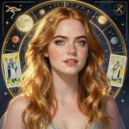 emma stone portrait by louis - theophile hingre, zodiac, tarot cards, planets, ethereal, art nouveau