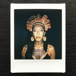 polaroid cyberpunk mayan woman with face tattoos, slow flash sync